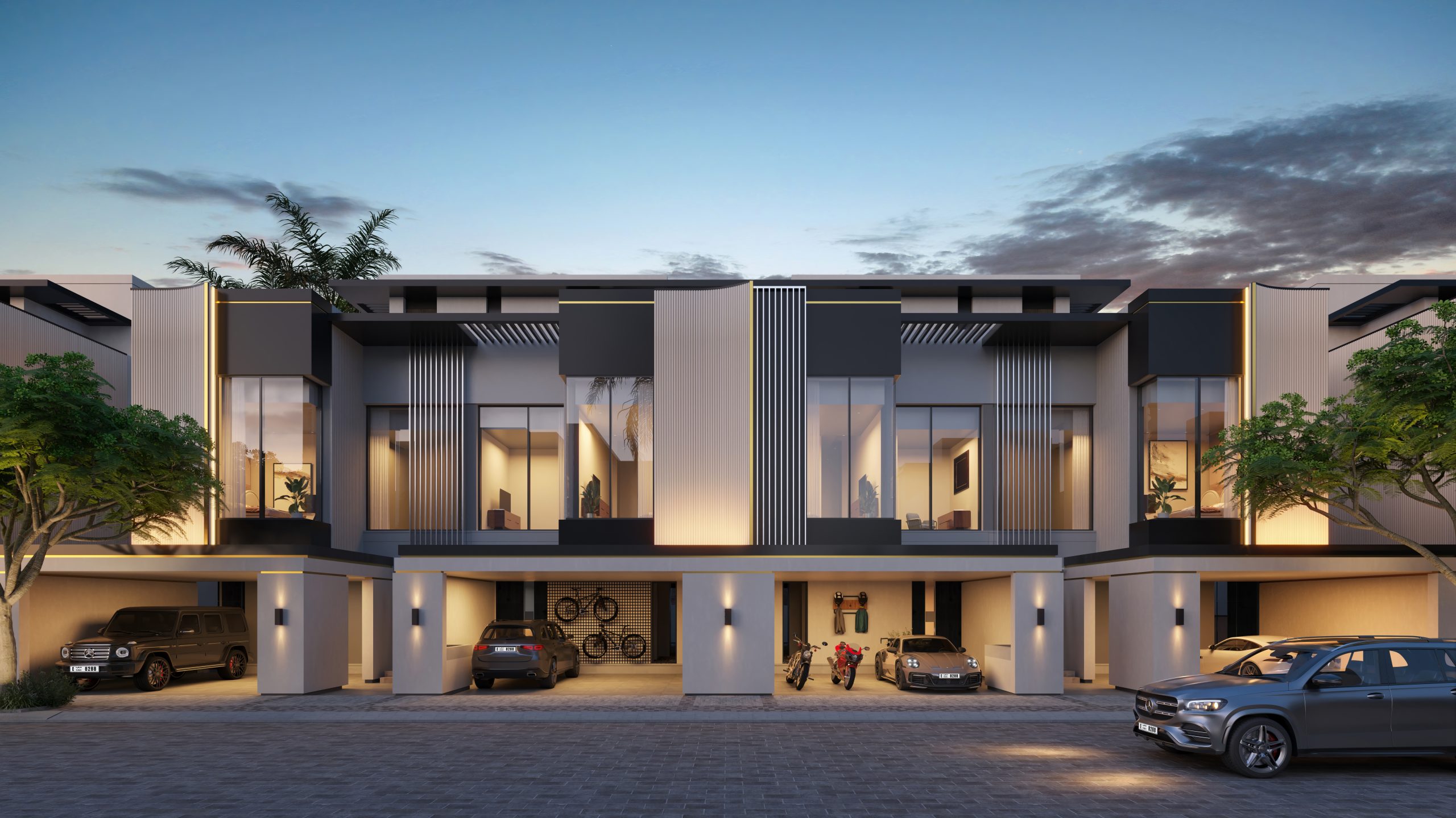 Contemporary residential architecture at dusk