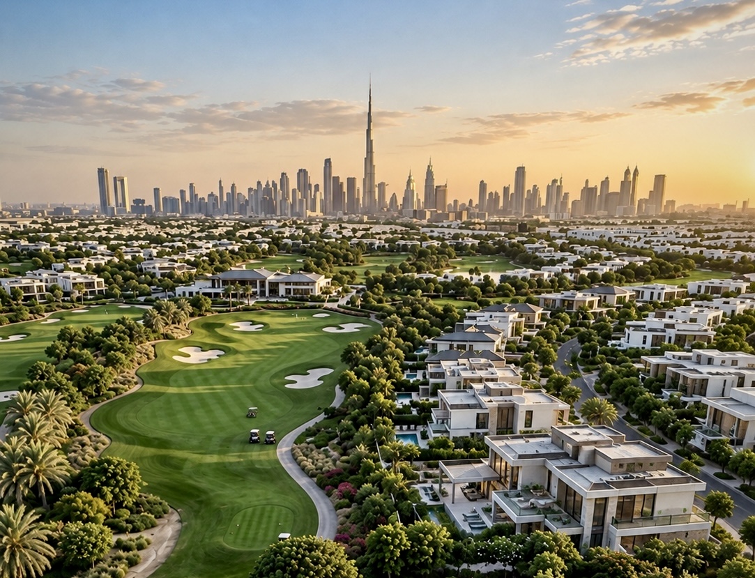 Golf community and villas at golden hour