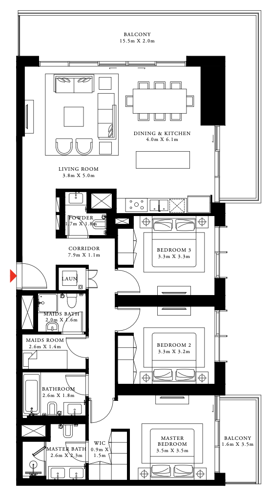 Beach Isle three-bedroom Palm-view apartment floor plan