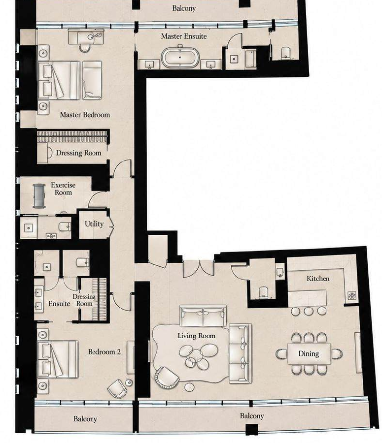 The Royal Atlantis two-bedroom plus maid’s residence floor plan